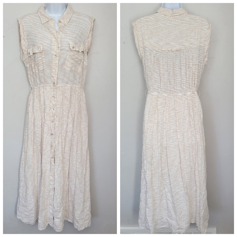 Lola Sport Women's 40 Medium Beige Ivory Cap Sleeve Midi Dress Button Down